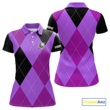 Load image into Gallery viewer, Womens golf polos shirts custom purple and black golf argyle plaid pattern, personalized golf gifts NQS10653