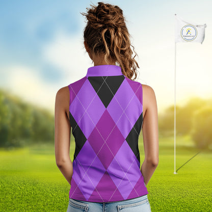 Women Sleeveless Polo Shirt custom purple and black golf argyle plaid pattern, personalized golf gift NQS10653