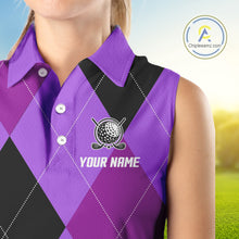 Load image into Gallery viewer, Women Sleeveless Polo Shirt custom purple and black golf argyle plaid pattern, personalized golf gift NQS10653