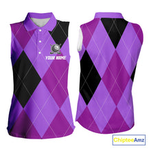 Load image into Gallery viewer, Women Sleeveless Polo Shirt custom purple and black golf argyle plaid pattern, personalized golf gift NQS10653