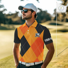 Load image into Gallery viewer, Mens golf polos shirts custom orange and black golf argyle plaid pattern Halloween golf gifts NQS10654