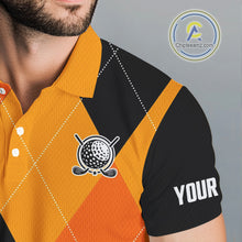 Load image into Gallery viewer, Mens golf polos shirts custom orange and black golf argyle plaid pattern Halloween golf gifts NQS10654