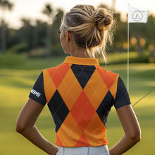 Load image into Gallery viewer, Womens golf polos shirts custom orange and black golf argyle plaid pattern Halloween golf gifts NQS10654