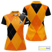 Load image into Gallery viewer, Womens golf polos shirts custom orange and black golf argyle plaid pattern Halloween golf gifts NQS10654