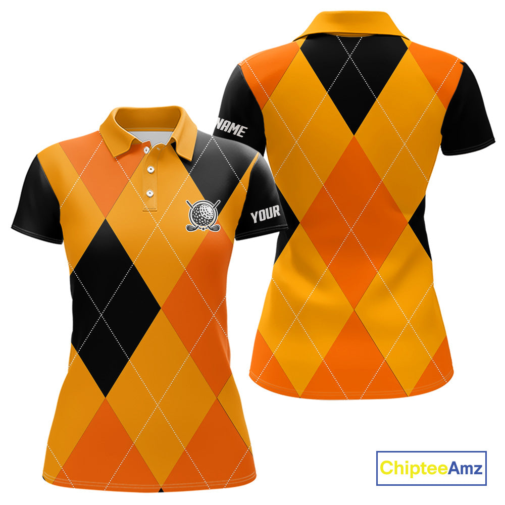 Womens golf polos shirts custom orange and black golf argyle plaid pattern Halloween golf gifts NQS10654