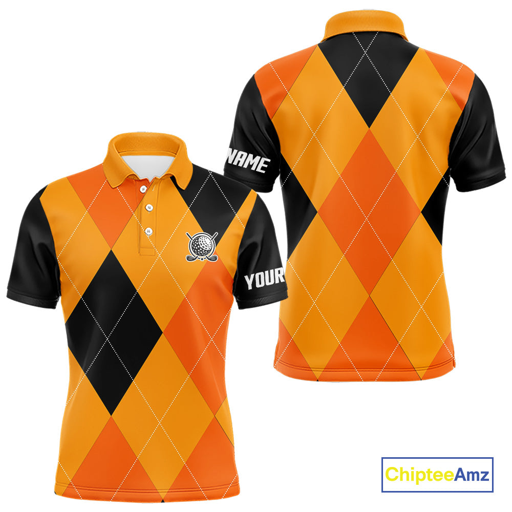 Mens golf polos shirts custom orange and black golf argyle plaid pattern Halloween golf gifts NQS10654
