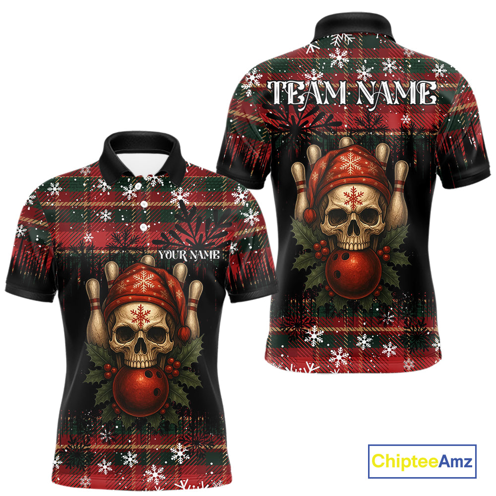 Black & Red Plaid Christmas pattern Skull Bowling Shirts For Men Custom Team Bowling outfit jerseys NQS11057