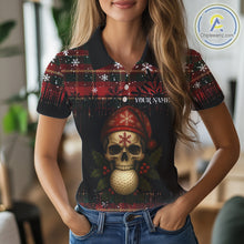 Load image into Gallery viewer, Black and Red Plaid Christmas pattern Skull Women Polo Shirt Custom Ladies Golf outfit, golfing gifts NQS11058