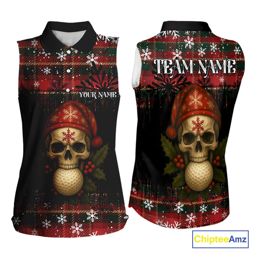 Black and Red Plaid Christmas pattern Skull Sleeveless Polo Shirt Custom Ladies Golf outfits NQS11058
