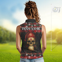 Load image into Gallery viewer, Black and Red Plaid Christmas pattern Skull Sleeveless Polo Shirt Custom Ladies Golf outfits NQS11058