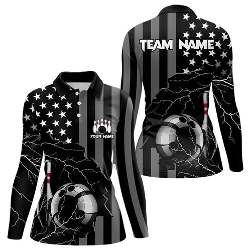 Personalized Black American flag Lightning thunder Custom Bowling Team Shirts For Women Bowling Jersey NQS9538
