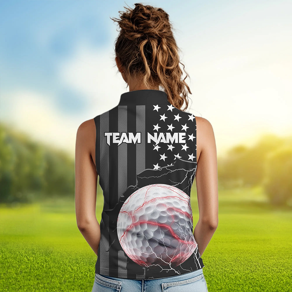 Personalized Black American flag Lightning thunder Custom Golf sleeveless polo Team Shirts For Women NQS9540