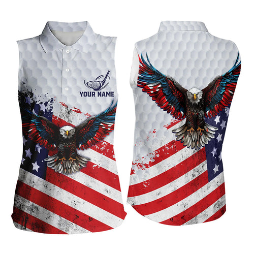 Personalized American Flag Eagle White Women sleeveless polo shirt Custom patriotic ladies golf tops NQS9541