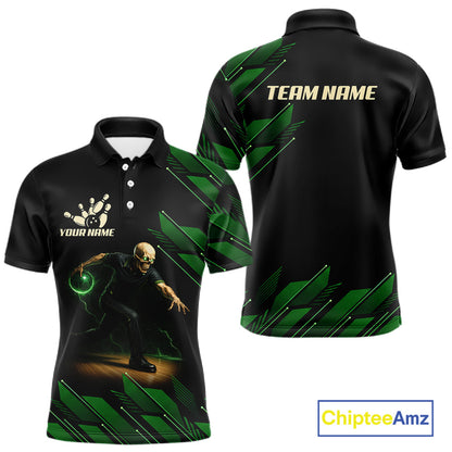 Black and Green Camo Skull Lightning Bowling Polo, 1/4 zip shirts for Men Custom Team bowling Jersey NQS11657