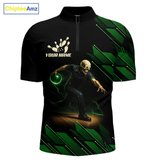 Black and Green Camo Skull Lightning Bowling Polo, 1/4 zip shirts for Men Custom Team bowling Jersey NQS11657