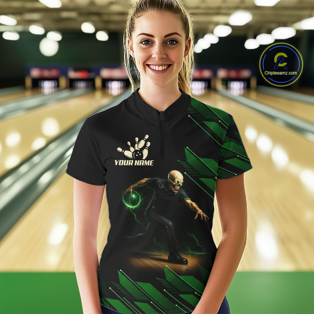 Black & Green Camo Skull Lightning Bowling Polo, 1/4 zip shirts for Women Custom Team bowling Jersey NQS11657
