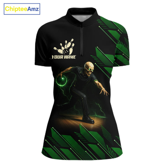 Black & Green Camo Skull Lightning Bowling Polo, 1/4 zip shirts for Women Custom Team bowling Jersey NQS11657