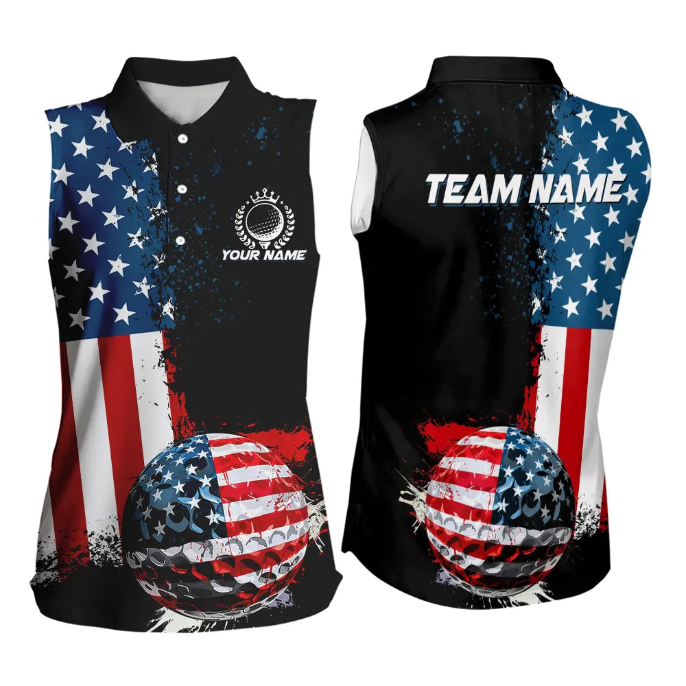 Black American Flag Women Sleeveless Polo Shirt Custom Golf attire for ladies, patriotic golf gifts NQS9696