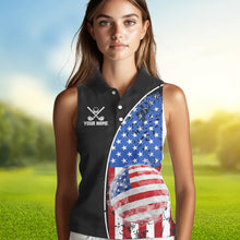 Load image into Gallery viewer, Personalized Black Camo Womens golf shirts sleeveless Custom American Flag patriotic golf shirt outfit NQS9698