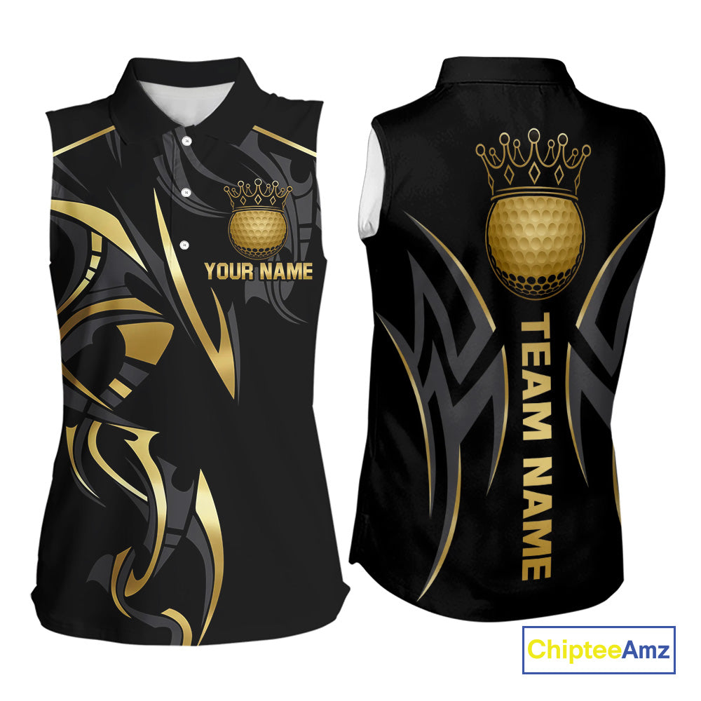 Black and Gold crown Women sleeveless golf polo shirts Custom Golf Team jerseys, cool golf gifts NQS10125