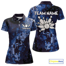 Load image into Gallery viewer, Blue Camo Bowling Polo, Quarter Zip Shirts For Women Custom Bowling Team Jerseys, Gift For Bowlers NQS10454