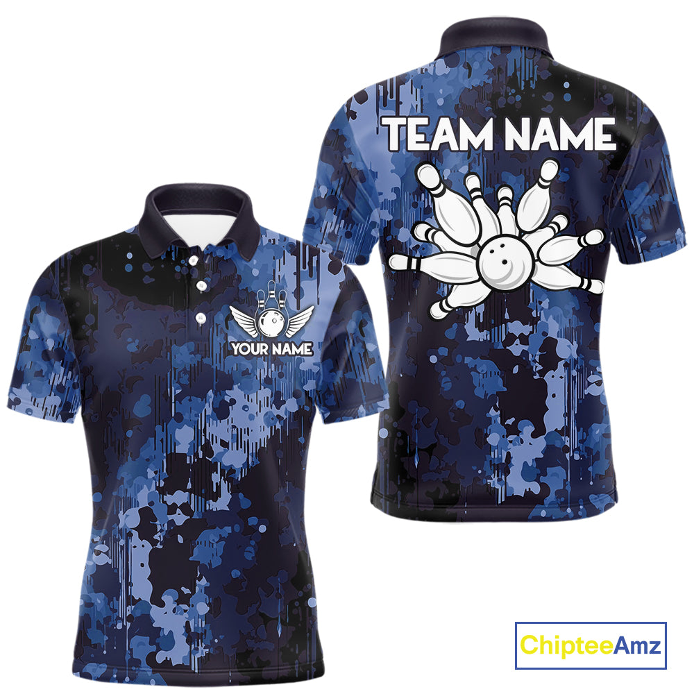 Blue Camo Bowling Polo, Quarter Zip Shirts For Men Custom Bowling Team Jerseys, Gift For Bowlers NQS10454