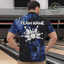 Load image into Gallery viewer, Blue Camo Bowling Polo, Quarter Zip Shirts For Men Custom Bowling Team Jerseys, Gift For Bowlers NQS10454