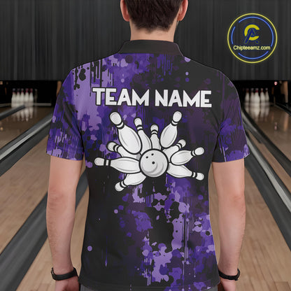 Purple Camo Bowling Polo, Quarter Zip Shirts For Men Custom Bowling Team Jerseys, Gift For Bowlers NQS10455