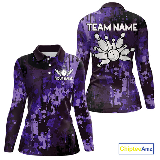 Purple Camo Bowling Polo, Quarter Zip Shirts For Women Custom Bowling Team Jerseys, Gift For Bowlers NQS10455