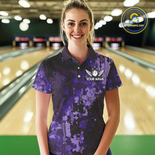 Load image into Gallery viewer, Purple Camo Bowling Polo, Quarter Zip Shirts For Women Custom Bowling Team Jerseys, Gift For Bowlers NQS10455