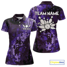 Load image into Gallery viewer, Purple Camo Bowling Polo, Quarter Zip Shirts For Women Custom Bowling Team Jerseys, Gift For Bowlers NQS10455