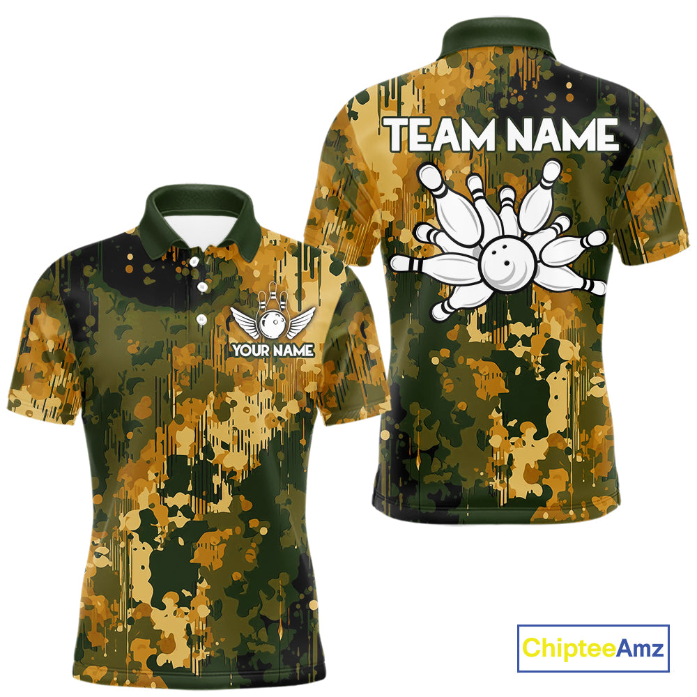 Yellow Camo Bowling Polo, Quarter Zip Shirts For Men Custom Bowling Team Jerseys, Gift For Bowlers NQS10456