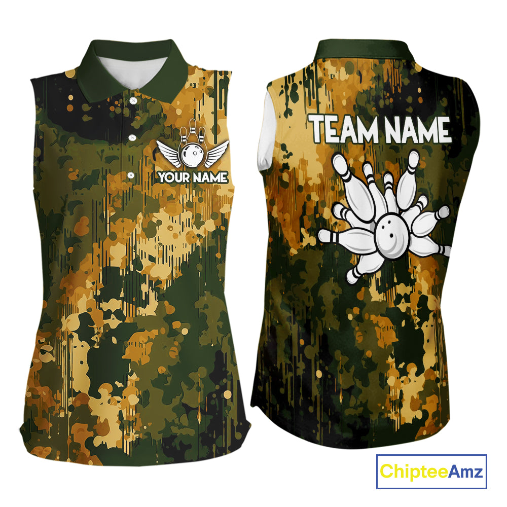 Yellow Camo Bowling Sleeveless Polo Shirt For Women Custom Bowling Team Jerseys, Gift For Bowlers NQS10456