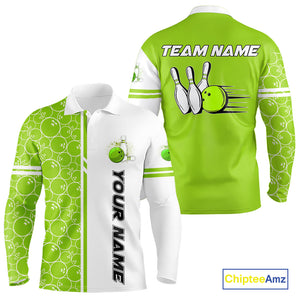 Men Bowling Polo, 1/4 Zip Shirt Custom white & green camo vintage bowling shirts, mens bowling jersey NQS10457