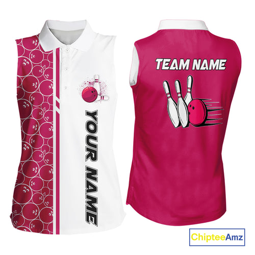 Women Bowling Sleeveless Polo Shirt Custom retro white and pink camo vintage ladies bowling jerseys NQS10458