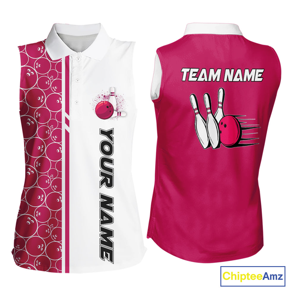 Women Bowling Sleeveless Polo Shirt Custom retro white and pink camo vintage ladies bowling jerseys NQS10458
