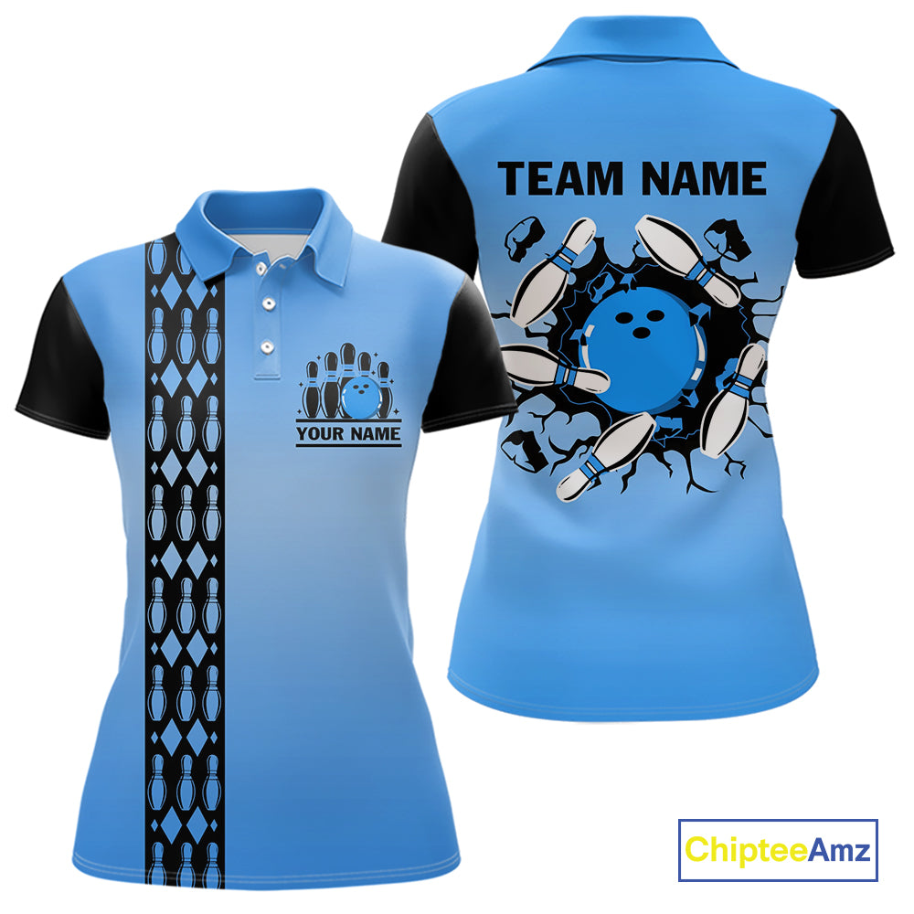 Personalized Black and Blue Retro Bowling Polo, Quarter Zip Team Shirts For Women Custom Bowling Gift NQS10459