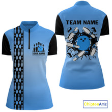 Load image into Gallery viewer, Personalized Black and Blue Retro Bowling Polo, Quarter Zip Team Shirts For Women Custom Bowling Gift NQS10459