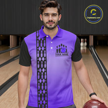 Load image into Gallery viewer, Personalized Black and Purple Retro Bowling Polo, Quarter Zip Team Shirt For Men Custom Bowling Gifts NQS10461