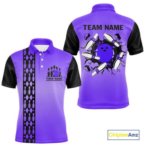Personalized Black and Purple Retro Bowling Polo, Quarter Zip Team Shirt For Men Custom Bowling Gifts NQS10461
