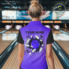 Load image into Gallery viewer, Personalized Black &amp; Purple Retro Bowling Polo, Quarter Zip Team Shirt For Women Custom Bowling Gift NQS10461