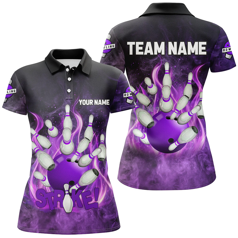 Purple Flame Strike Bowling Shirts For Women Custom Bowling Team League Jerseys, womens bowling shirts NQS8476