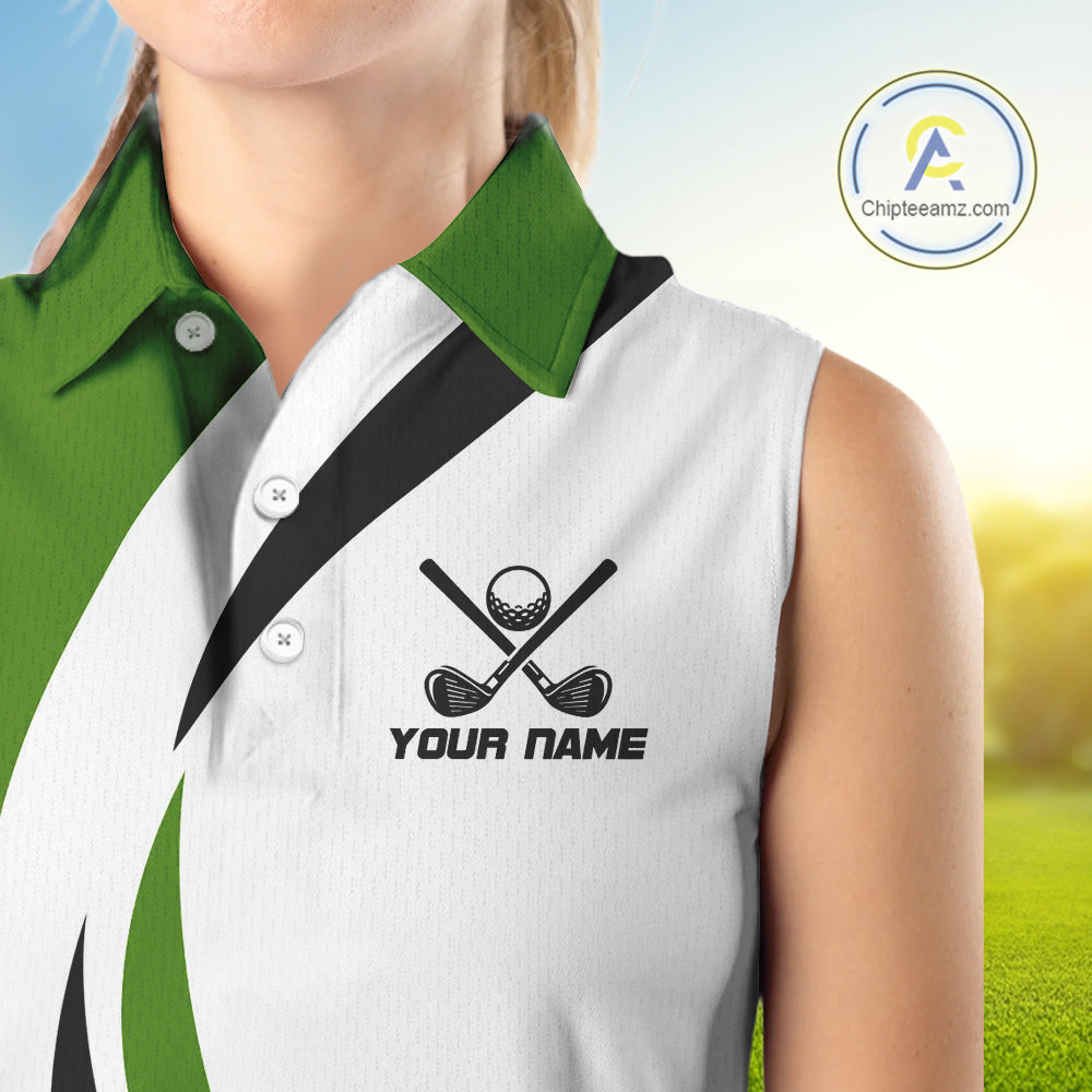 Green and White Women Sleeveless golf polo shirt Custom golf attire for ladies, gifts for golf lovers NQS10664