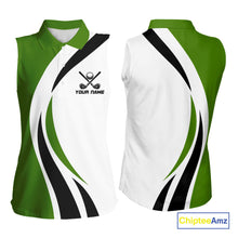Load image into Gallery viewer, Green and White Women Sleeveless golf polo shirt Custom golf attire for ladies, gifts for golf lovers NQS10664
