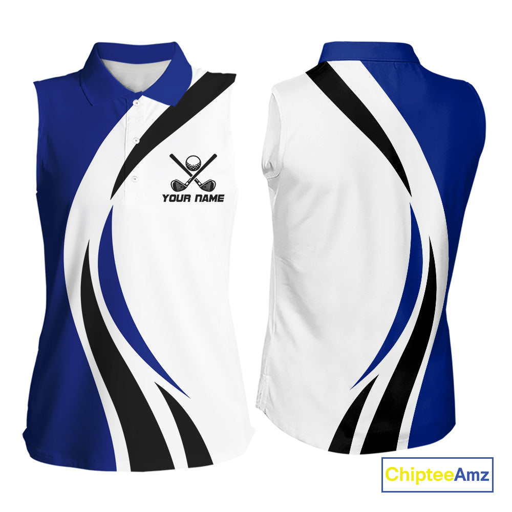 Blue and White Women Sleeveless golf polo shirt Custom golf attire for ladies, gifts for golf lovers NQS10665