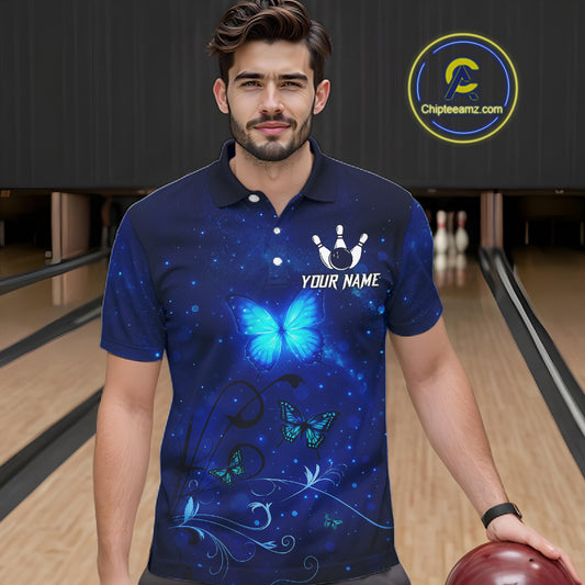 Blue galaxy Butterfly Bowling Polo, Quarter Zip shirts For men Custom Butterfly Team bowling jersey NQS11268
