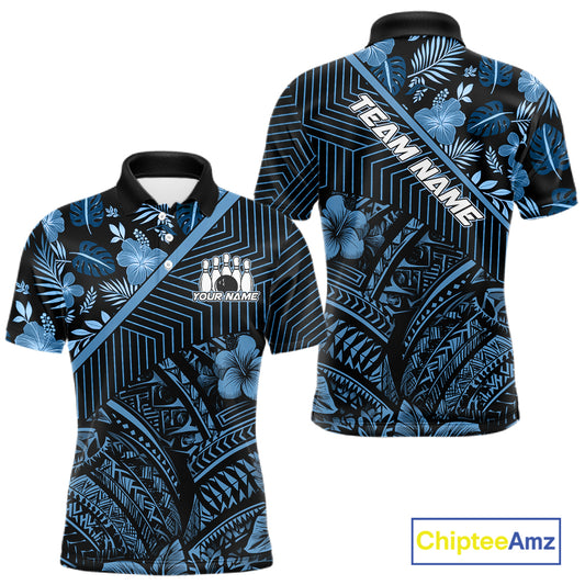 Black and Blue tribal pattern Bowling Polo, 1/4 zip Shirts For Men Custom Team Bowling Jerseys NQS11468
