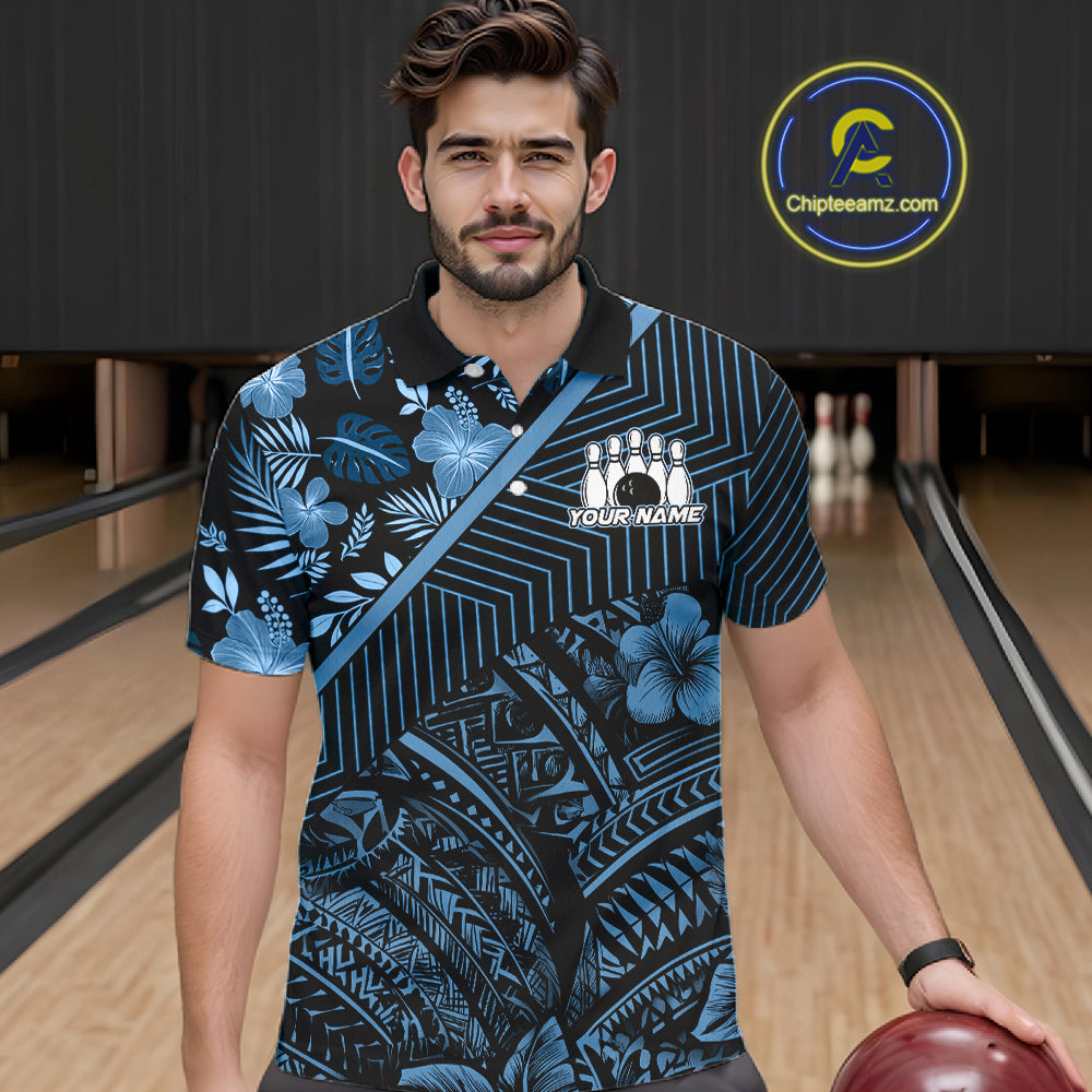 Black and Blue tribal pattern Bowling Polo, 1/4 zip Shirts For Men Custom Team Bowling Jerseys NQS11468