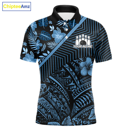 Black and Blue tribal pattern Bowling Polo, 1/4 zip Shirts For Men Custom Team Bowling Jerseys NQS11468
