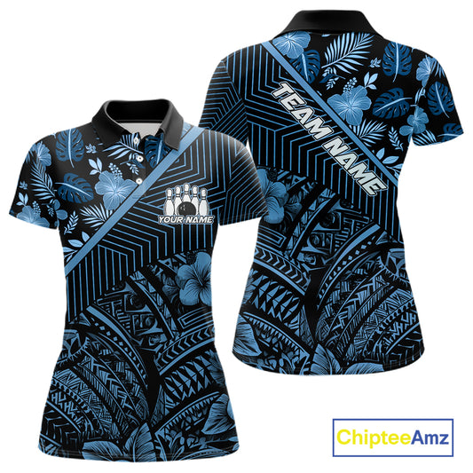 Black and Blue tribal pattern Bowling Polo, 1/4 zip Shirts For Women Custom Team Bowling Jerseys NQS11468